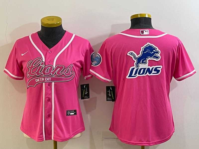 Women%27s Detroit Lions Pink Team Big Logo With Patch Cool Base Stitched Baseball Jersey